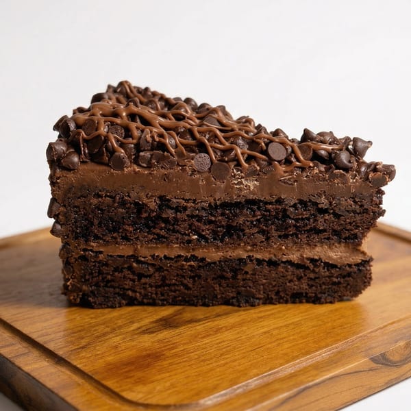 A slice of rich chocolate cake with chocolate frosting, chips, and caramel drizzle on a wooden board.