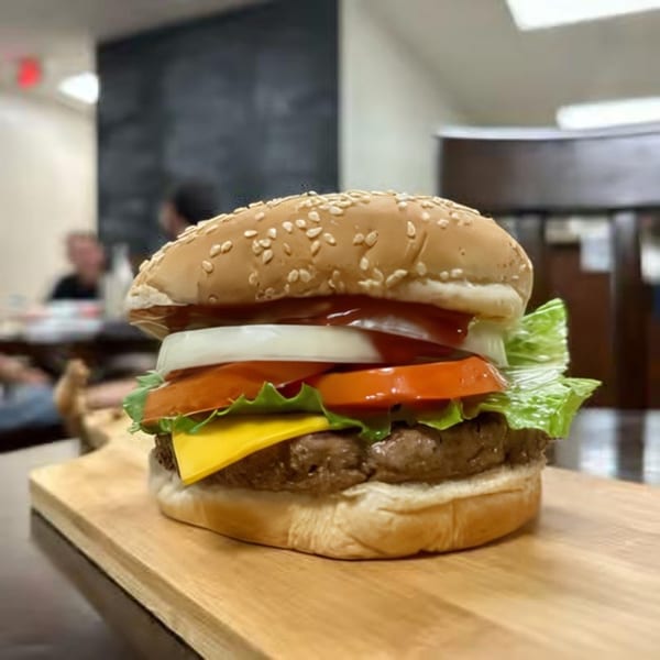 A Steak-Out Charbroiled Delivery burger with cheese, lettuce, tomato, onion, and ketchup on a wooden board.