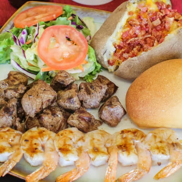 Surf & Turf-Shrimp and Steak Tips.
