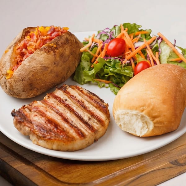 Charbroiled steak, baked potato with cheese and bacon, side salad, and a dinner roll on a white plate.