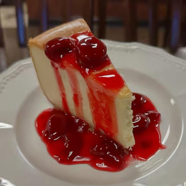 Slice of cheesecake with cherry topping and sauce on a white plate at Steak-Out Charbroiled Delivery.