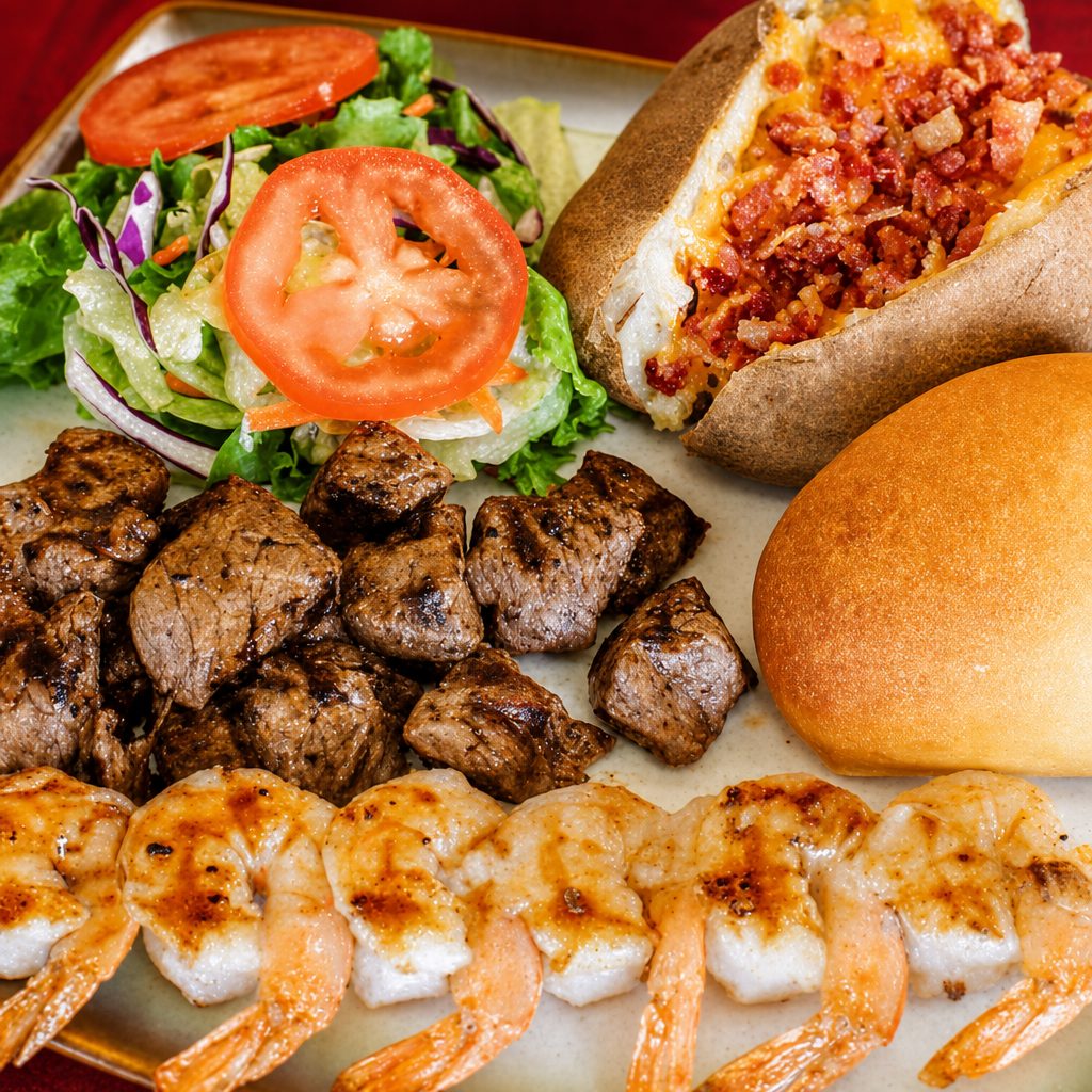 Surf & Turf-Shrimp and Steak Tips.
